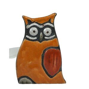 Vintage Handcrafted Black Clay Owl, Orange with Red Heart, Raku Pottery *Chips*